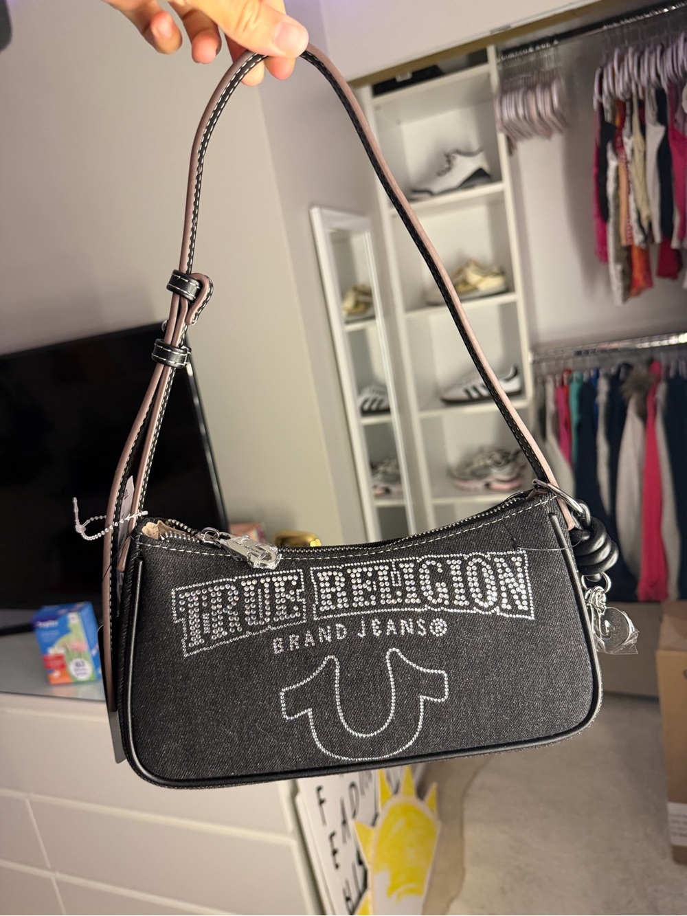 True Religion Black Embroidered Logo Shoulder Bag